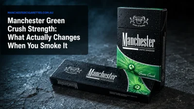 Manchester Green Crush cigarette pack with menthol capsule, strength and cooling hit