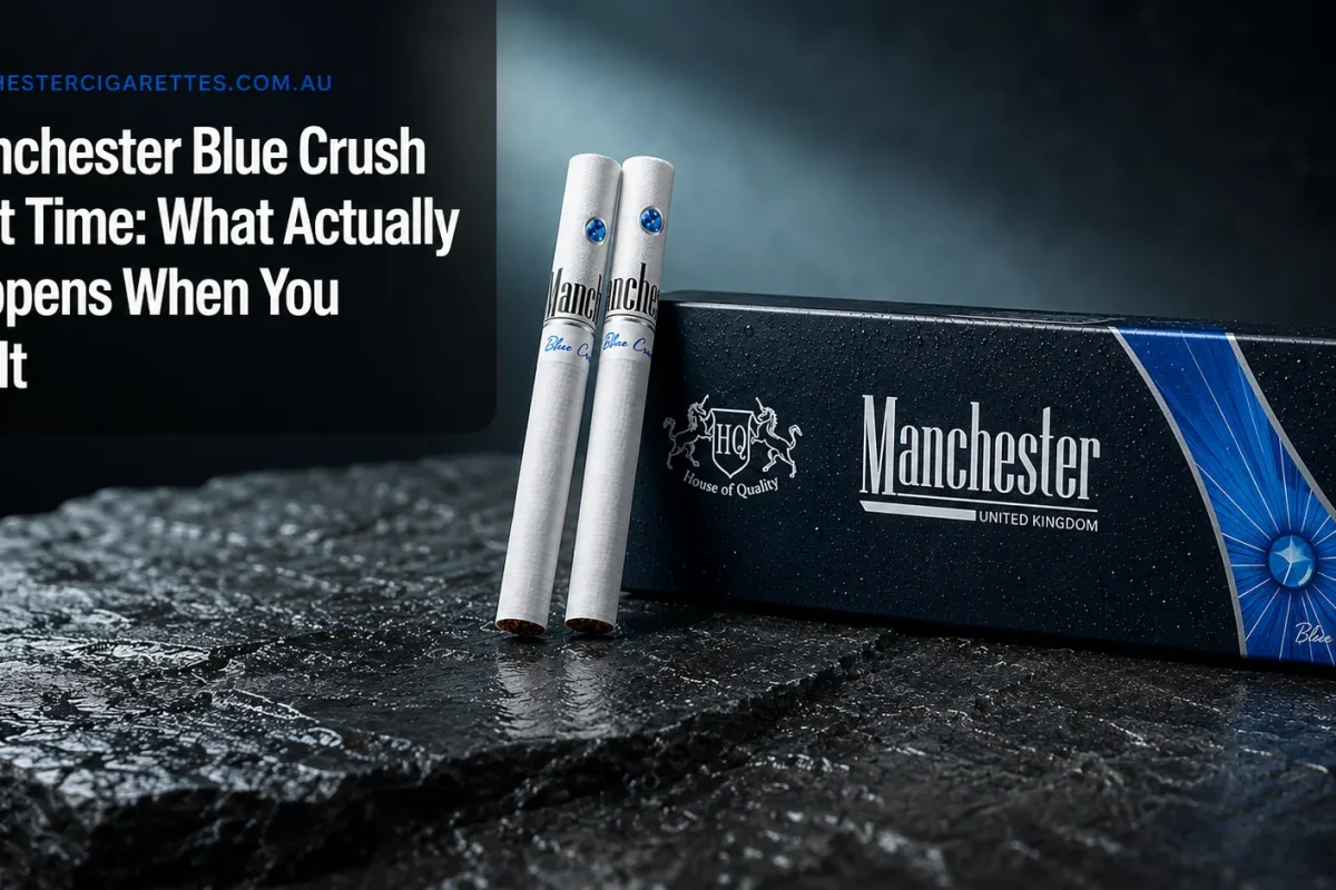 Manchester Blue Crush cigarette carton and two cigarettes on a dark stone surface with the headline Manchester Blue Crush First Time: What Actually Happens When You Try It