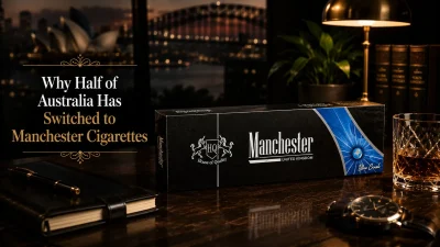 Manchester cigarettes Classic Red pack with lit cigarette and ashtray — buy Manchester cigarettes Australia online delivered free from Sydney