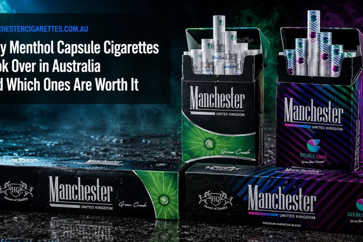 Manchester Blue Crush, Green Crush, and Double Drive menthol capsule cigarette packs displayed in a premium editorial-style hero image with dramatic lighting and the headline "Why Menthol Capsule Cigarettes Took Over in Australia and Which Ones Are Worth It