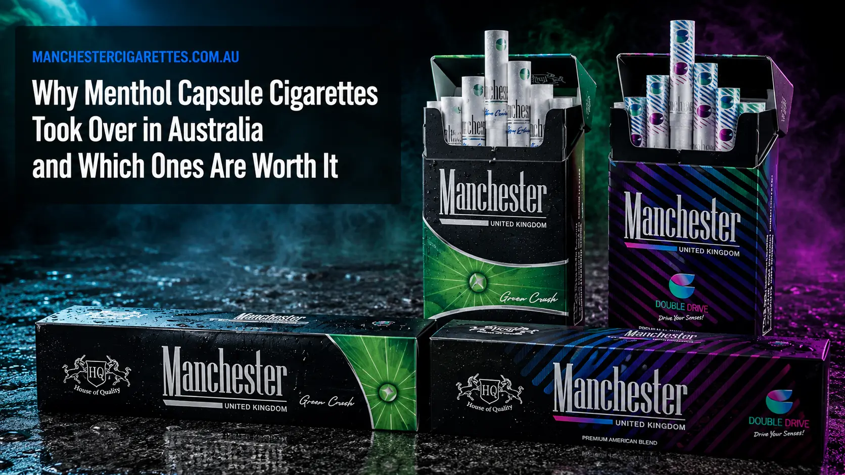Manchester Blue Crush, Green Crush, and Double Drive menthol capsule cigarette packs displayed in a premium editorial-style hero image with dramatic lighting and the headline "Why Menthol Capsule Cigarettes Took Over in Australia and Which Ones Are Worth It