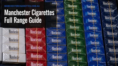 Assorted Manchester cigarette cartons arranged by variant, including Blue, Green Crush, Sapphire Blue, Red and White, for a full range comparison guide.