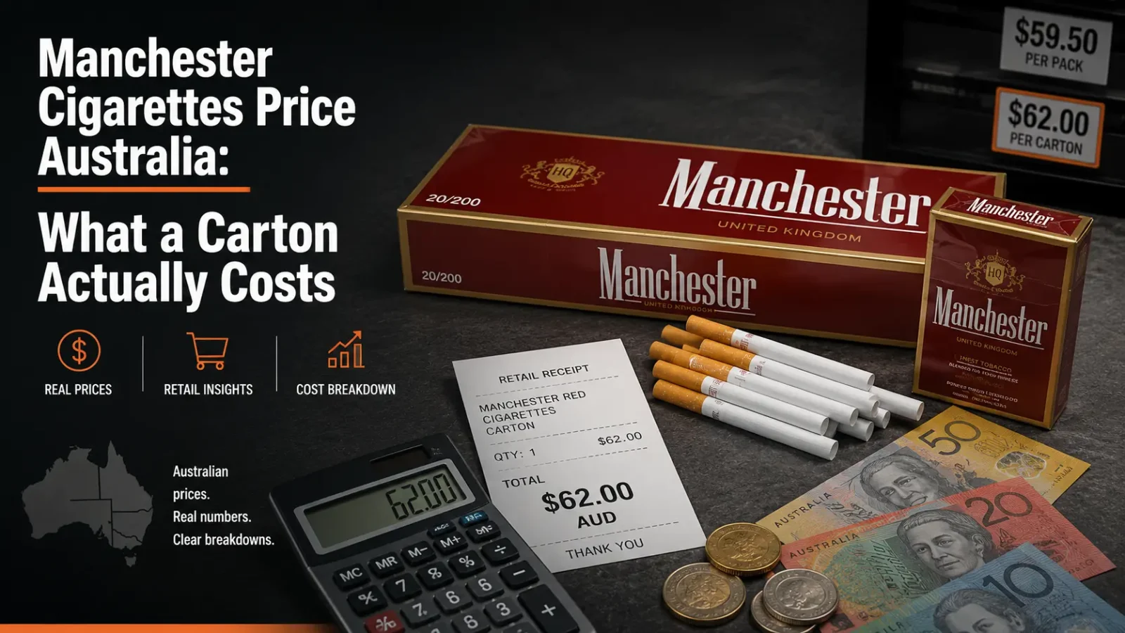 Manchester cigarettes carton and pack with Australian dollars and retail receipt showing $62 servo price vs $220 delivered carton — manchester cigarettes price australia