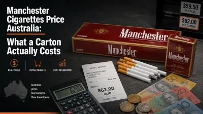 Manchester cigarettes carton and pack with Australian dollars and retail receipt showing $62 servo price vs $220 delivered carton — manchester cigarettes price australia
