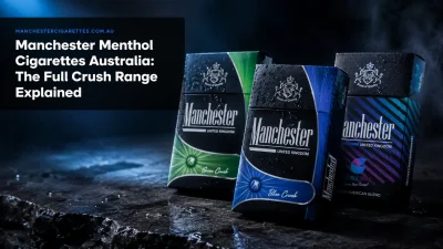 Manchester menthol cigarettes Australia Blue Crush Green Crush Double Drive range on dark wet stone surface