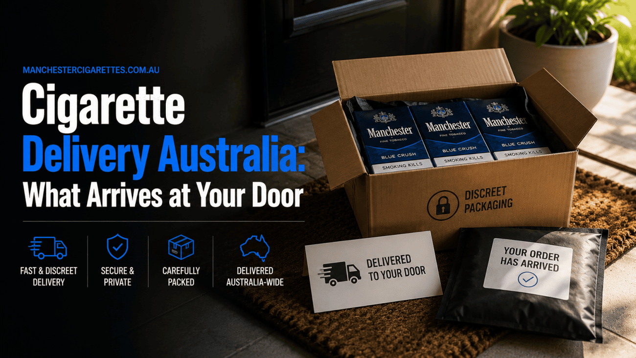 Discreet cigarette delivery package at a front door in Australia with secure shipping and boxed cigarettes