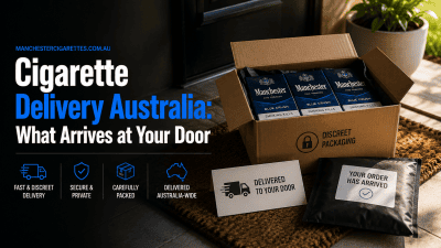 Discreet cigarette delivery package at a front door in Australia with secure shipping and boxed cigarettes