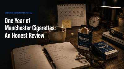Editorial image for a one year of Manchester cigarettes honest review featuring a notebook and coffee on a desk